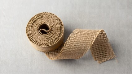 Burlap Ribbon Roll on White Fabric Background