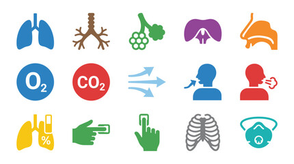 Collection of icons representing the human respiratory system, breathing, and related medical concepts.