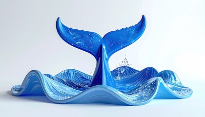 Vibrant blue whale tail emerging from stylized ocean waves