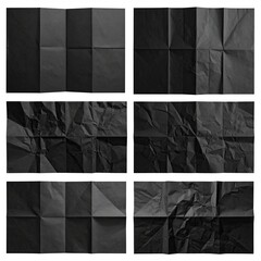 Six black, folded, creased papers showcasing varying degrees of texture