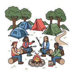 Group of Friends Camping with Tents and Campfire in Forest Vector