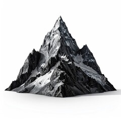 A monochrome illustration of a rugged mountain peak with snow