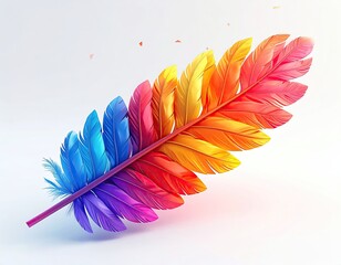 A vibrant feather with rainbow gradient, floating against white background