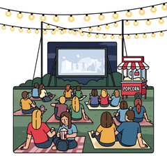 People Watching Movie at Cozy Outdoor Cinema Night Event with Popcorn Vector