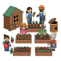 Community Members Planting and Watering in Vegetable Garden Vector