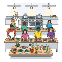 Chef Teaching Diverse Students in Group Cooking Class Vector Illustration