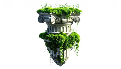 Decayed classical column overgrown with vibrant green plants