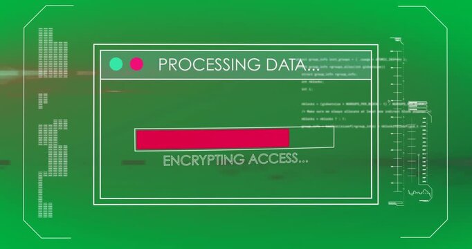 Animation of text processing data and discovering database, with time bar on red computer interface
