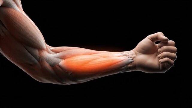 Detailed anatomical illustration of human arm muscles with highlighted forearm on a black background, for muscular system education.