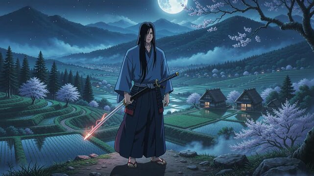 Stoic young japanese samurai man with long black hair holding glowing katana above misty rice terraces and wooden village under full moon, melancholic fantasy warrior concept