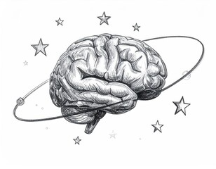 Pencil sketch of a brain with stars and a circular orbit