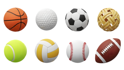 Collection of various sports balls on a transparent background