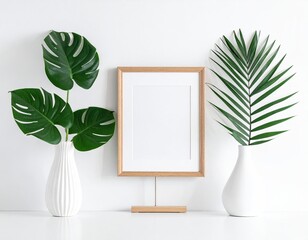 Mockup of blank picture frame with tropical leaves in vases, minimalist
