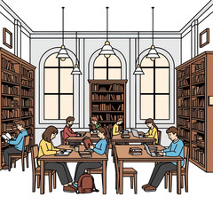Students Studying and Reading in Classic Public Library Interior Vector