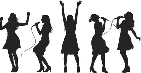 Female singer silhouettes, dynamic performance, microphone poses, expressive motion, concert vibe, black figures, vector art, entertainment illustration