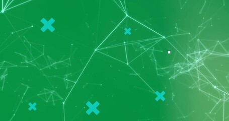 Animation of blue crosses over data processing on sky, network of connections, and brain on black - Powered by Adobe