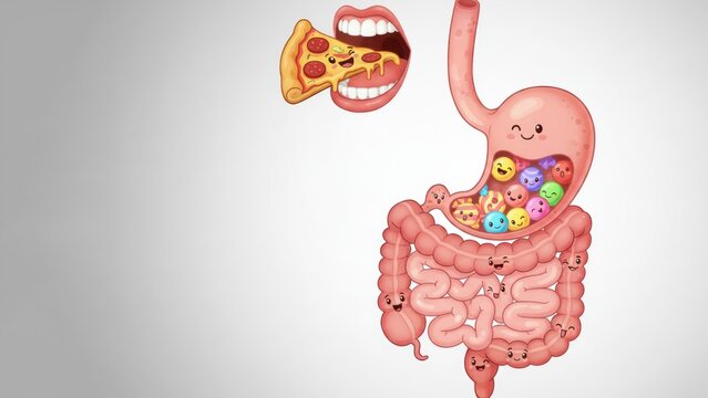 A fun cartoon digestive tract with smiling food moving through organs teaching digestion basics and Stool formation