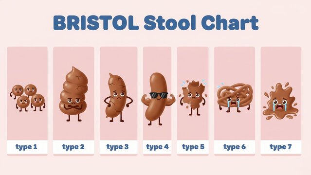 An illustrated stool chart with playful characters explaining bowel health digestion stages and Stool formation