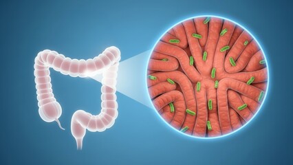A digestive tract with zoomed gut wall showing microbes education digestion health and Stool formation