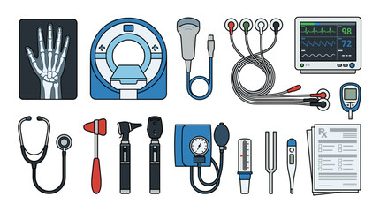 Collection of medical equipment and diagnostic tools used in healthcare settings.
