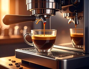 Espresso machine brewing coffee into a clear cup, close-up with soft lighting