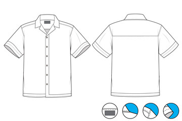 Hawaiian shirt template 2. fashionable Hawaii shirt front & back view flat sketch illustration. Vector design. © fashion-studio