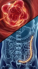 A split view tumor mass and colon anatomy explaining diagnosis contrast and Stool formation changes
