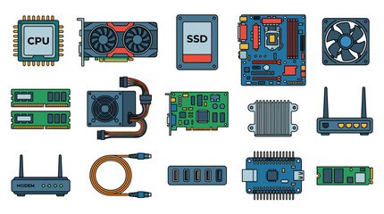 A collection of various computer hardware components, including a CPU, GPU, RAM, SSD, motherboard, power supply, and network devices.