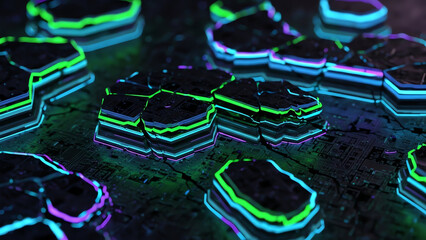 Neon Crypto Chips on Circuit Board