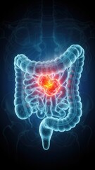 A glass like colon with bright inflamed core floating in blue space, pathology visualization, gut health and Stool formation