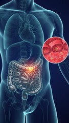 The transparent torso with highlighted colon and tissue magnification, digestive disease education and Stool formation concept