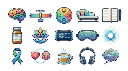 A collection of icons representing mental health, stress, and well-being, including a brain, stress meter, therapy couch, and meditation symbols.