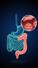 A digestive system in a blue with highlighted bowel section and tissue inset, medical illustration and Stool formation