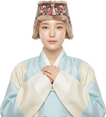 Beautiful Korean Woman in Traditional Hanbok and Winter Hat Front View