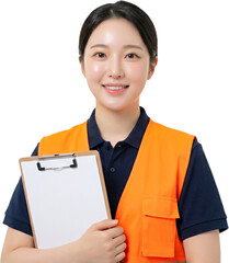 Female Logistics Worker in Orange Safety Vest Holding Clipboard