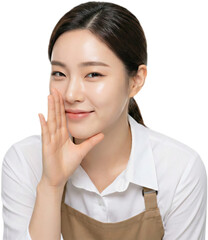 Friendly Cafe Barista Whispering Secret or Special Promotion Isolated on White