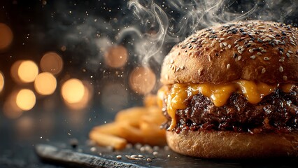 Juicy gourmet cheeseburger with melted cheddar and crispy fries, steam rising in atmospheric bokeh lighting, perfect for food blogs and restaurant marketing.
