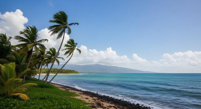 Beautiful Tropical Beach with Palm Trees and Ocean Waves