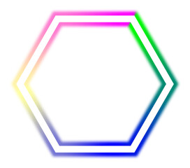 A vibrant glowing hexagon frame with rainbow gradient on a black background