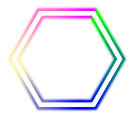 A vibrant glowing hexagon frame with rainbow gradient on a black background