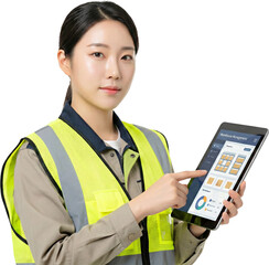 Professional Logistics Manager in High Visibility Vest Using Digital Tablet