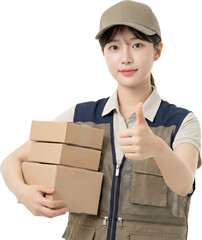 Reliable Female Courier in Delivery Uniform Holding Packages and Giving Thumbs Up