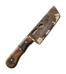 Culinary action using a vintage cleaver in a rustic kitchen isolated on transparent background
