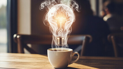 Coffee steam forming lightbulb shape - Morning idea, caffeine inspiration - Morning Productivity Concept