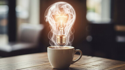 Coffee steam forming lightbulb shape - Morning idea, caffeine inspiration - Morning Productivity Concept