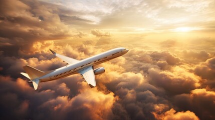 wingtip. Commercial jet ascending through cumulus clouds with golden sunrise light from a wingtip perspective. mobility guides, transit brochures, designed for transport & logistics marketing.