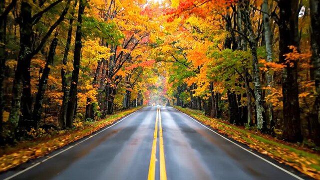 A winding asphalt road traverses a vibrant autumn forest, lined by trees displaying bright foliage