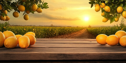 A pile of fresh ripe lemons placed on a rustic wooden table with a beautiful lemon orchard in the background glowing under warm morning sunlight. This image conveys freshness, organic farming