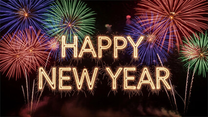 Fireworks spelling Happy New Year - Celebration, new beginning - New Year Concept