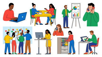 Diverse group of professionals collaborating and working in a modern office environment, showcasing teamwork and productivity.